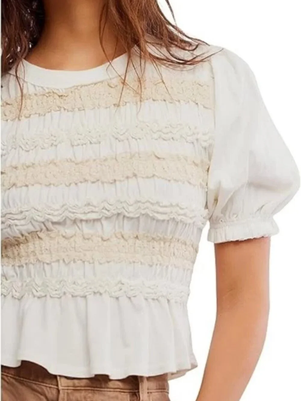 Free People Maxey Knit Top Smocked Cropped Fitted Puff Sleeve Ivory S